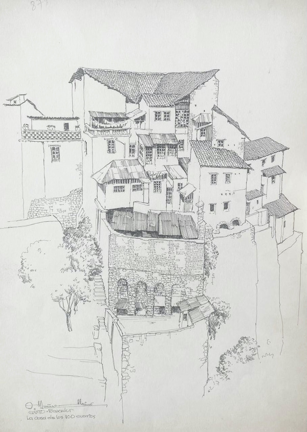 La casa de los 100 cuertos Quito, Muñoz Mariño, Ecuador en Blanco y negro, tinta sobre catulina A4,Sara Palacios Galeria 2025,